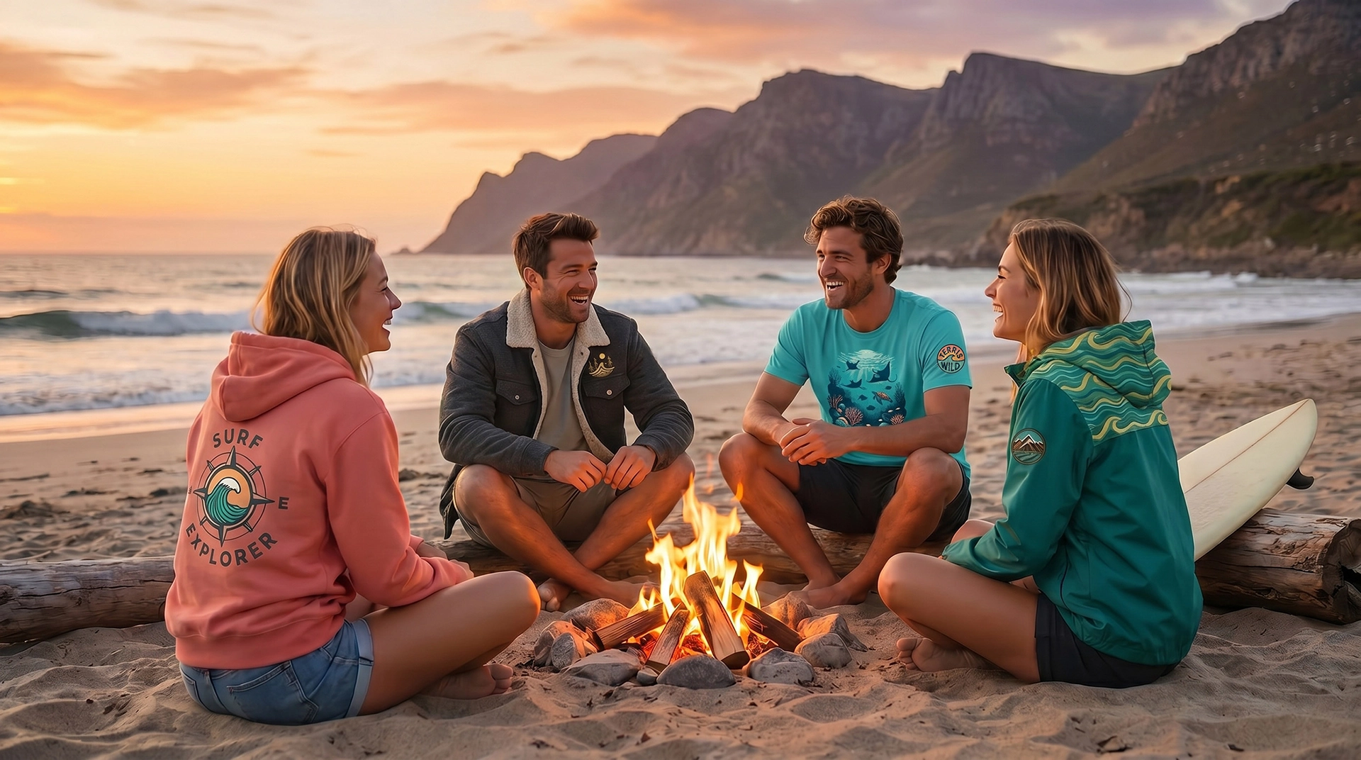Grupo de amigos de Terris Wild en la playa al atardecer alrededor de una hoguera