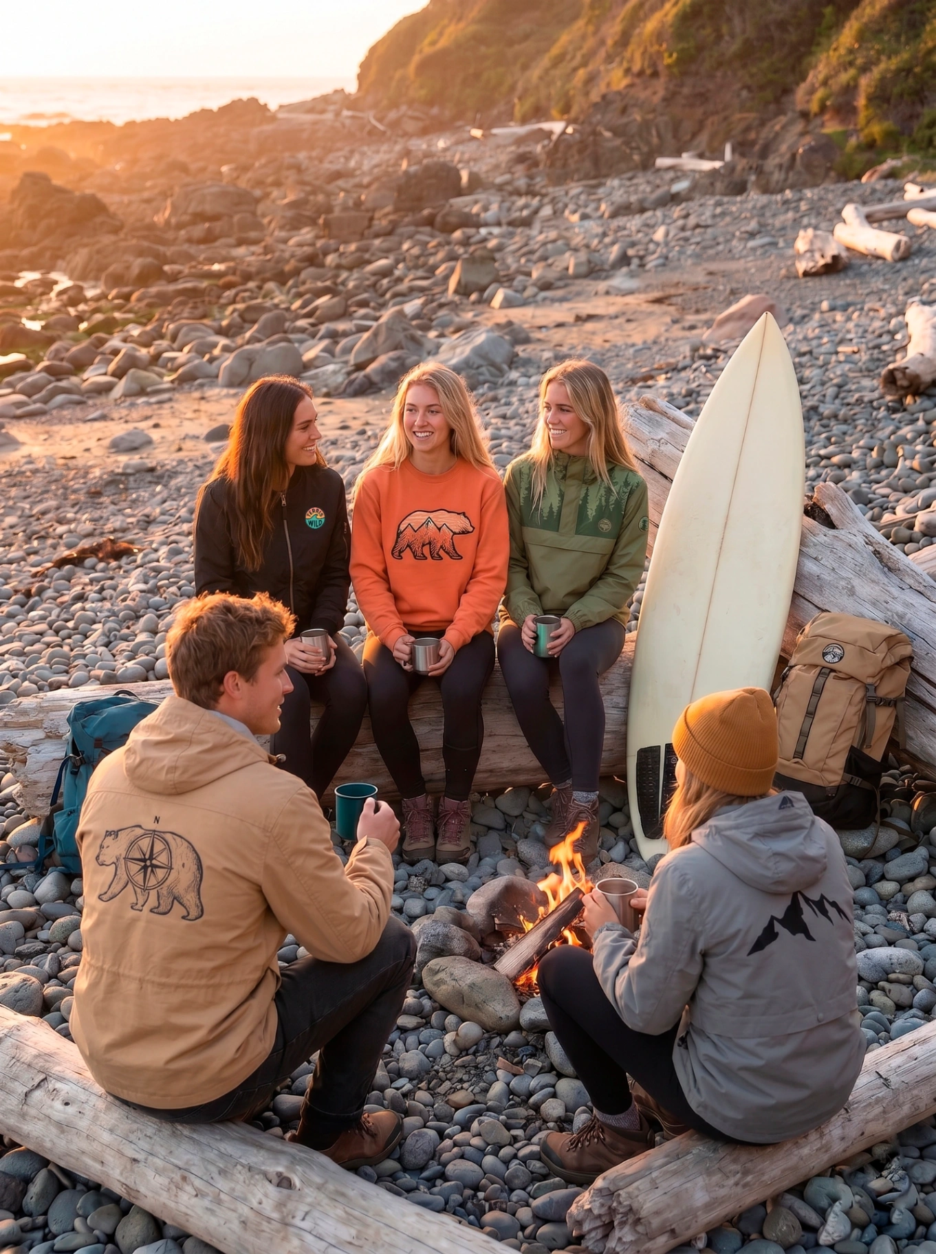 Grupo de amigos de Terris Wild junto al mar con ropa de la colección